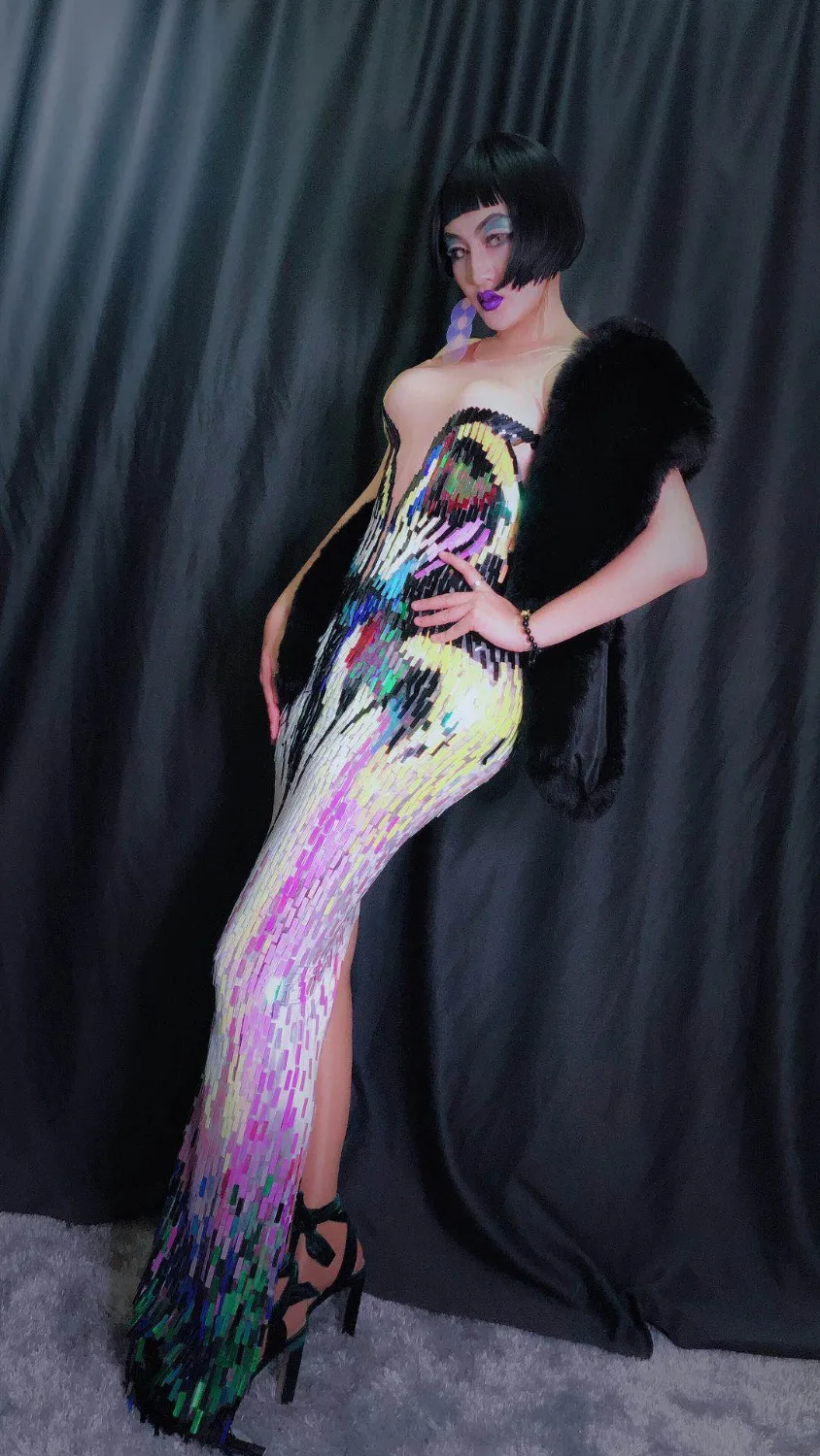 Female Costume Multicolour Sequins One Piece Dresses Sexy Singer Dancer Nightclub Party Costumes Prom Stage Wears Performance