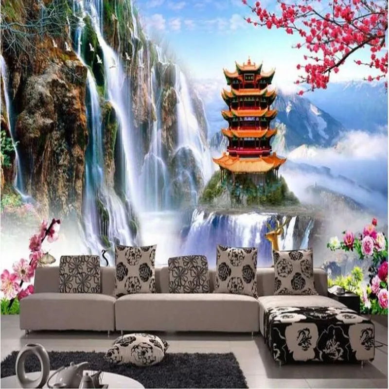 wellyu Custom large - scale murals mountains and rivers pavilion Millennium peach TV background wall non - woven wallpaper