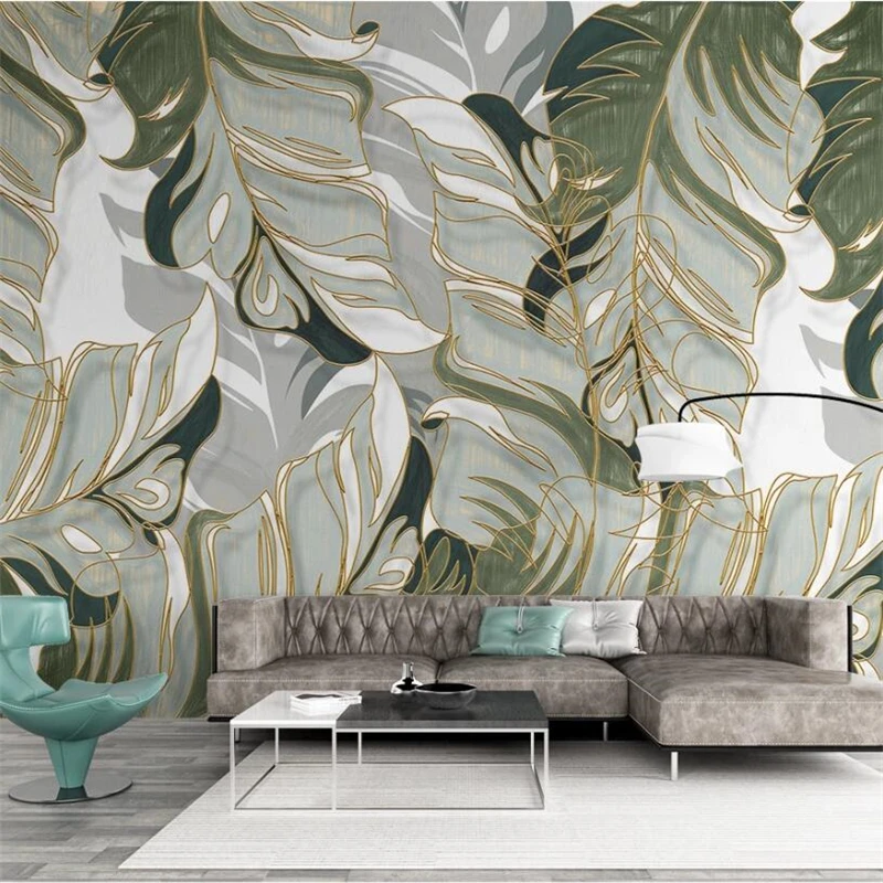 

wellyu Nordic hand-painted tropical plants leaves lines light luxury TV background wall painting custom large mural wallpaper