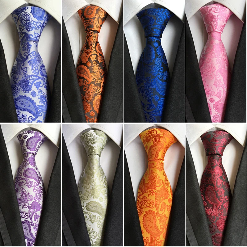 RBOCOTT Fashion Yellow & Brown & Gold Paisley Tie 8cm Classic Blue Silk Neck Ties For Men Business Red Wedding Necktie 18 Colors