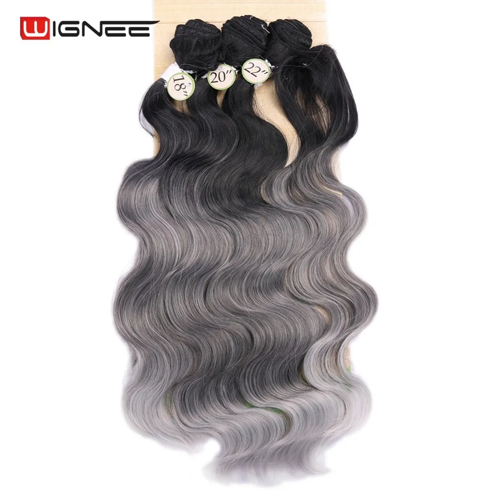 Wignee  Synthetic Hair Extension For Black Women Colorful Hair Bundles With Closure 3 Tone Ombre Color Purple/Blue/Grey Hair