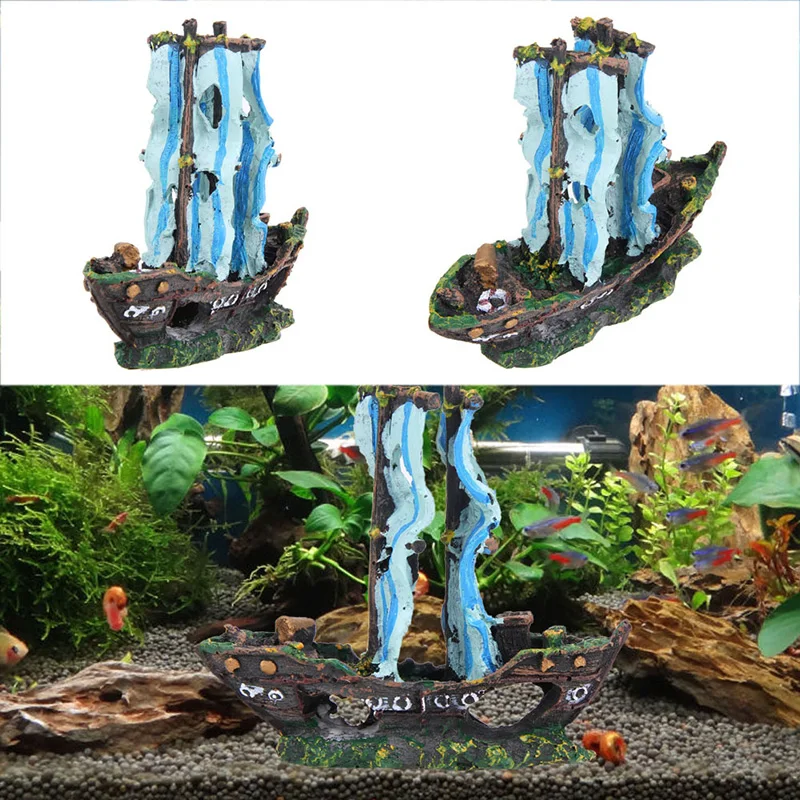 Resin Sunk Ship Wreckage for Fish Hide Sailboat Aquarium Aquatic Ornament Pirate Ship Destroyer Fish Tank Decoration Fish House