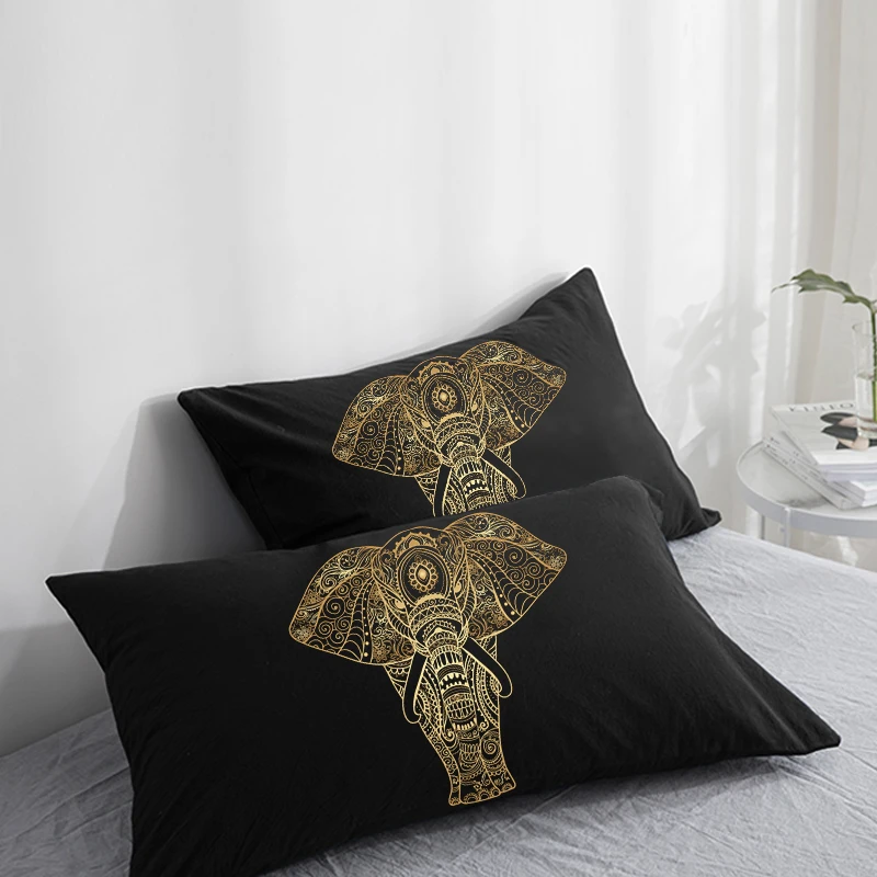 3D HD Custom Pillow Case,2PCS Pillowcase 50x70/50x75/50x80/70x70,Decorative Pillow Cover Golden Elephant on Black Bedding