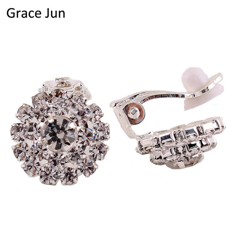 Grace Jun New Arrival Double Round Rhinestone Clip on Earring No Pierced for Women Party Charm Fine Jewelry Bijouterie
