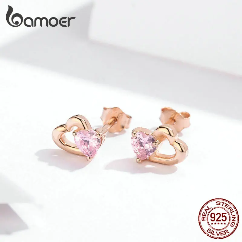 BAMOER 925 Sterling Silver Double Heart to Heart Pink CZ Stud Earrings for Women Brincos Fine Jewelry Bijoux SCE090