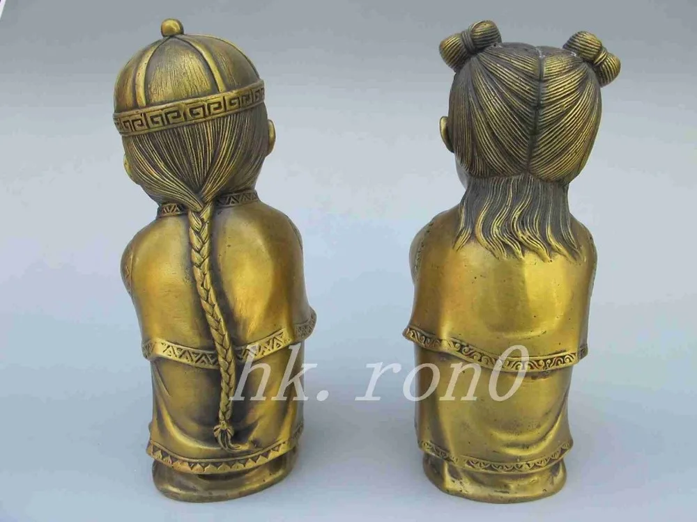 A Pair of Chinese feng shui wealth brass funny boys and girls auspicious Statues