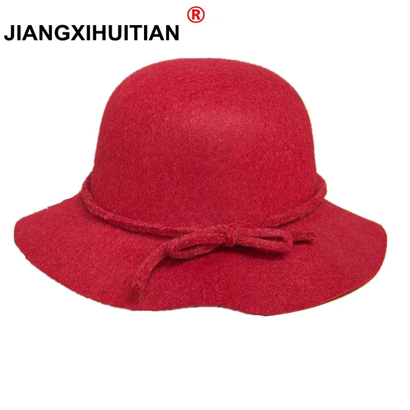 jiangxihuitian Europe Fall Winter Women\'s Fedora Caps Vintage Sun Hat For Woman Lady Wide Brim Wool Felt Bow knot Hat