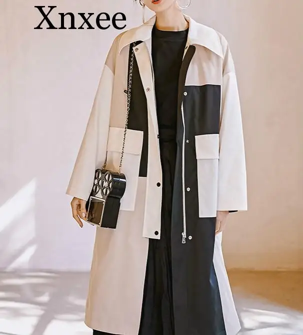 

Xnxee 2019 New Fashion Spring Windbreaker For Women Contrast Color Long Overcoat Female Large Size Trench