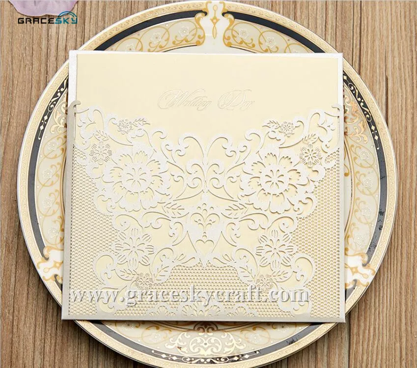 

50pcs frees hipping laser cut NEW European flowers pocket extract style paper wedding invitation cards for party invitation