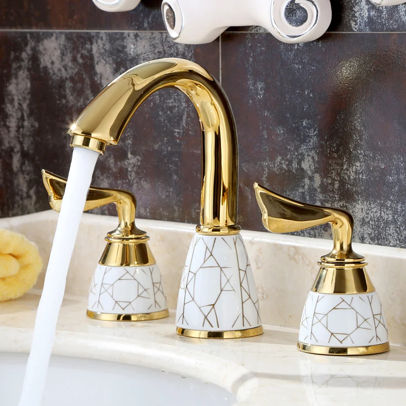 Gold Brass handle Bathroom Sink Faucet  Ceramic handle Deck Mounted copper Lavatory Faucet Cold and hot water Mixer Tap