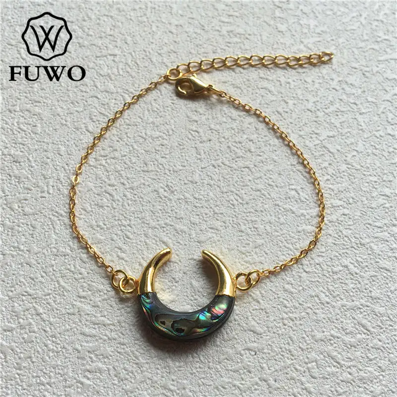 

FUWO Wholesale Natural Abalone Shell Crescent Bracelet,Cute Mini Golden Plated Double Horn Jewelry For Women 5Pcs/Lot BR502