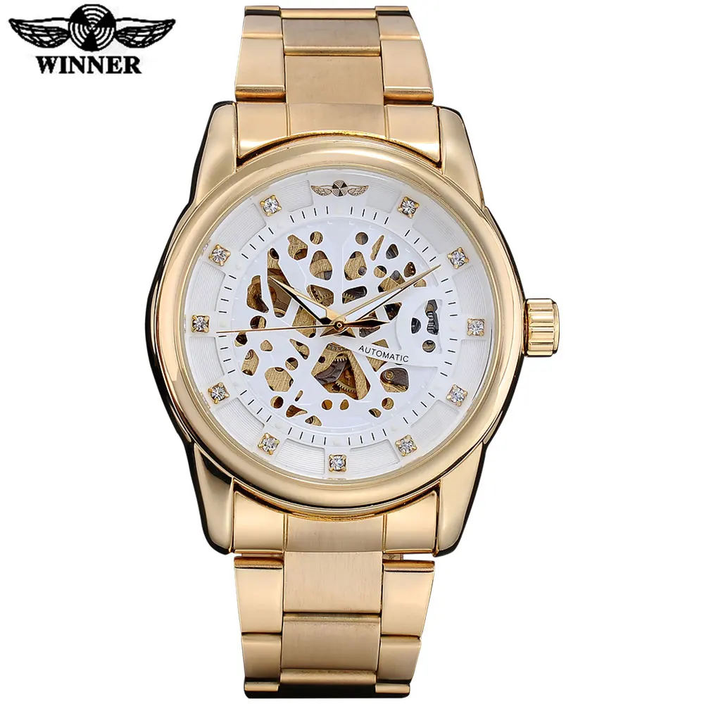 

WINNER men fashion casual mechanical watches steel band gold case china brand skeleton gift clock wristwatches relogio masculino