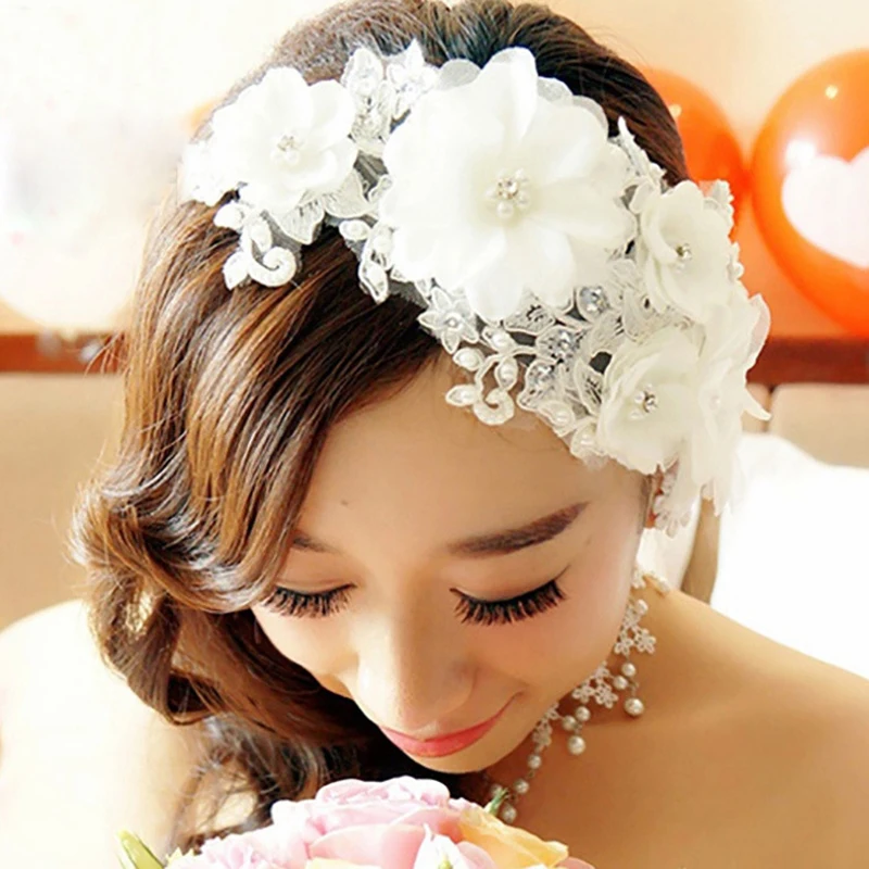 Charm Bridal Tiaras Headband Wedding Hair Accessories Handmade Imitation Pearl Lace White Flower Hair Jewelry