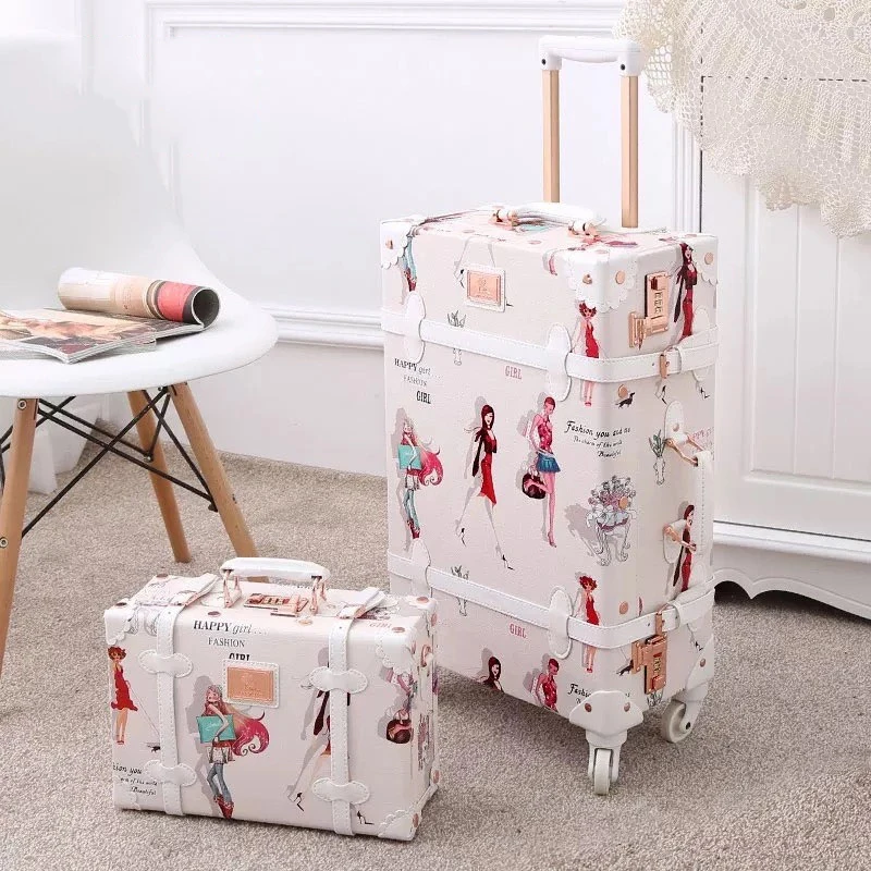 Popular Retro handmade set rolling luggage with cosmetic case girl cute travel trolley suitcase women fashion makeup luggage