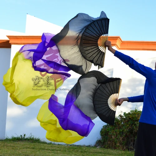 Imagen 2 del producto 100% seda Natural china de alta calidad, 1 par de fanáticos de la danza del vientre, 3 colores, Velos de seda teñidos a mano para fanáticos de la danza
