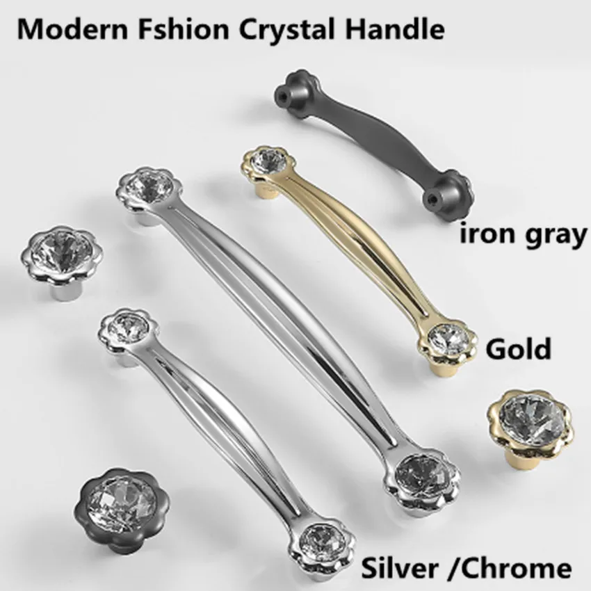 

96 128 192mm modern fashion clear crystal win cabinet cupboard wardrobe handle chrome gold iron gray drawer shoe cabinet knob 5"