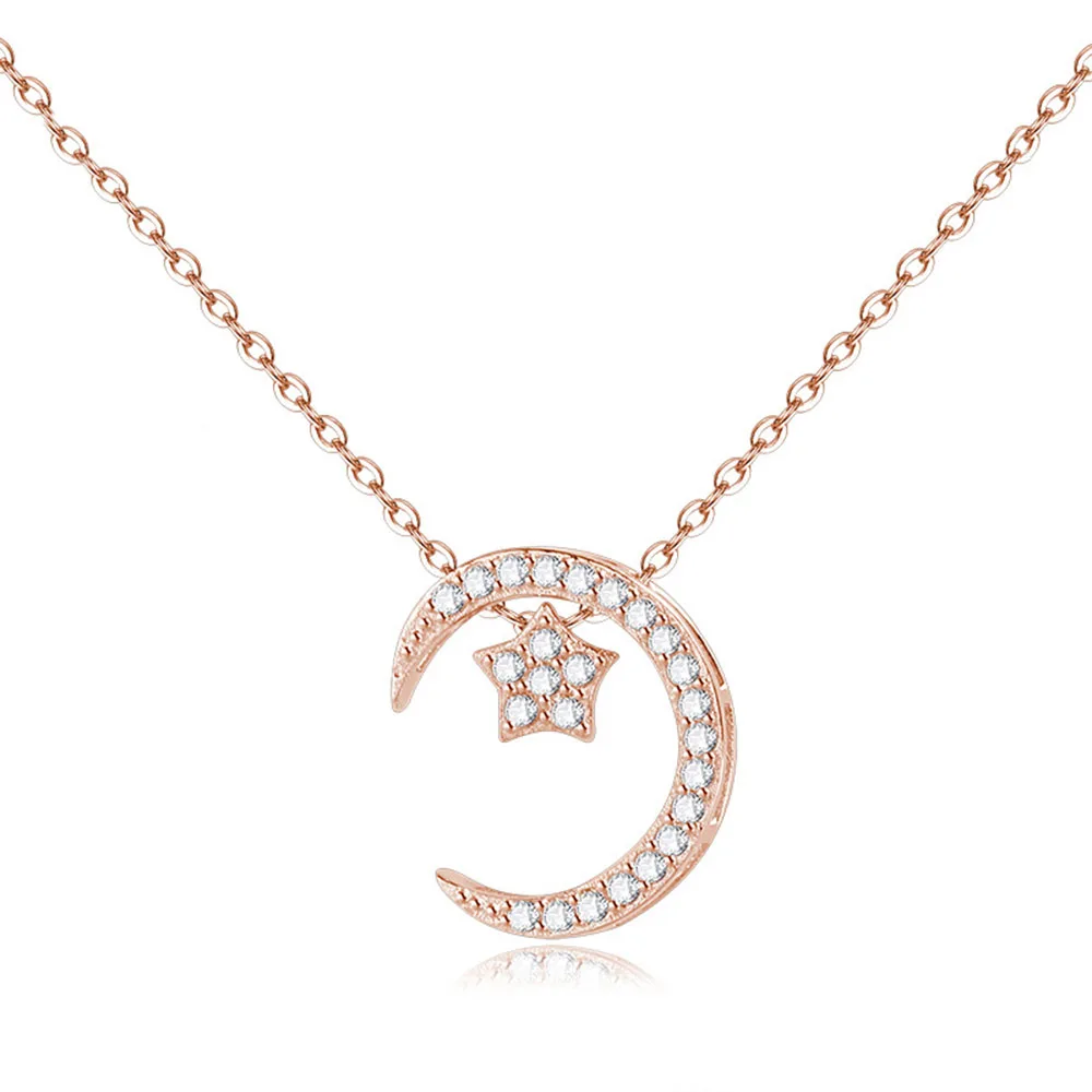 Authentic 925 Sterling Silver Fashion Moon Star Crystal Pendant Cross Chain Necklaces For Women Wedding Party Jewelry Gift