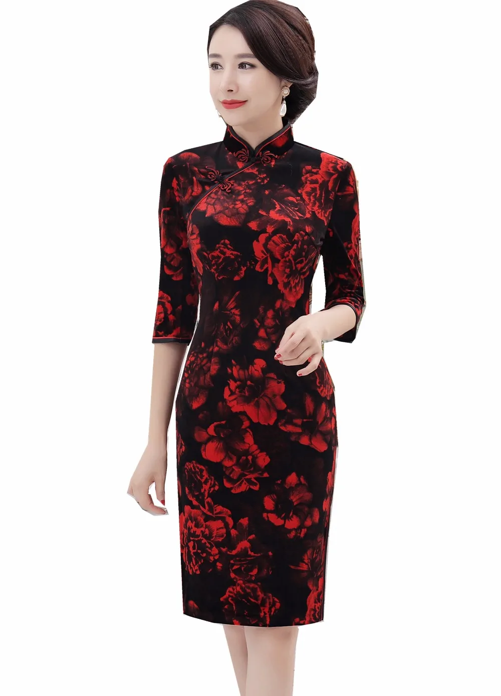 

Shanghai Story Red Floral Black Velvet Qipao Chinese traditional dress 3/4 Sleeve cheongsam dress Knee Length Oriental Dress