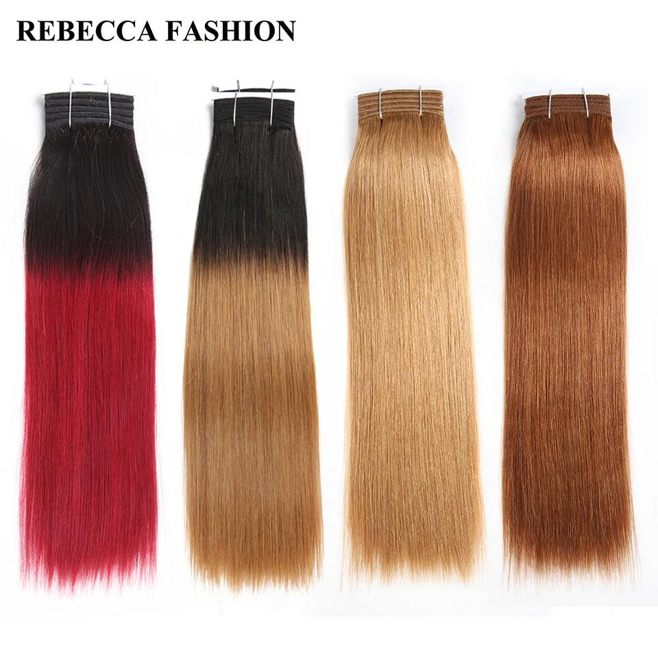 Rebecca Rambut Ditarik Ganda 113G Brasil Yaki Lurus Rambut Manusia Bundel Jalinan Ombre Merah Coklat Hitam Warna 1 Buah Rambut Remy