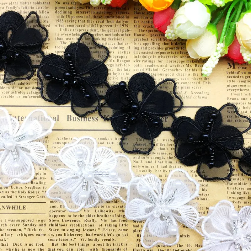 

1 Yard Pearl Chiffon Flower Handmade Beaded Embroidered Lace Edge Trim Ribbon Double Layered Applique Wedding Dress Sewing Craft