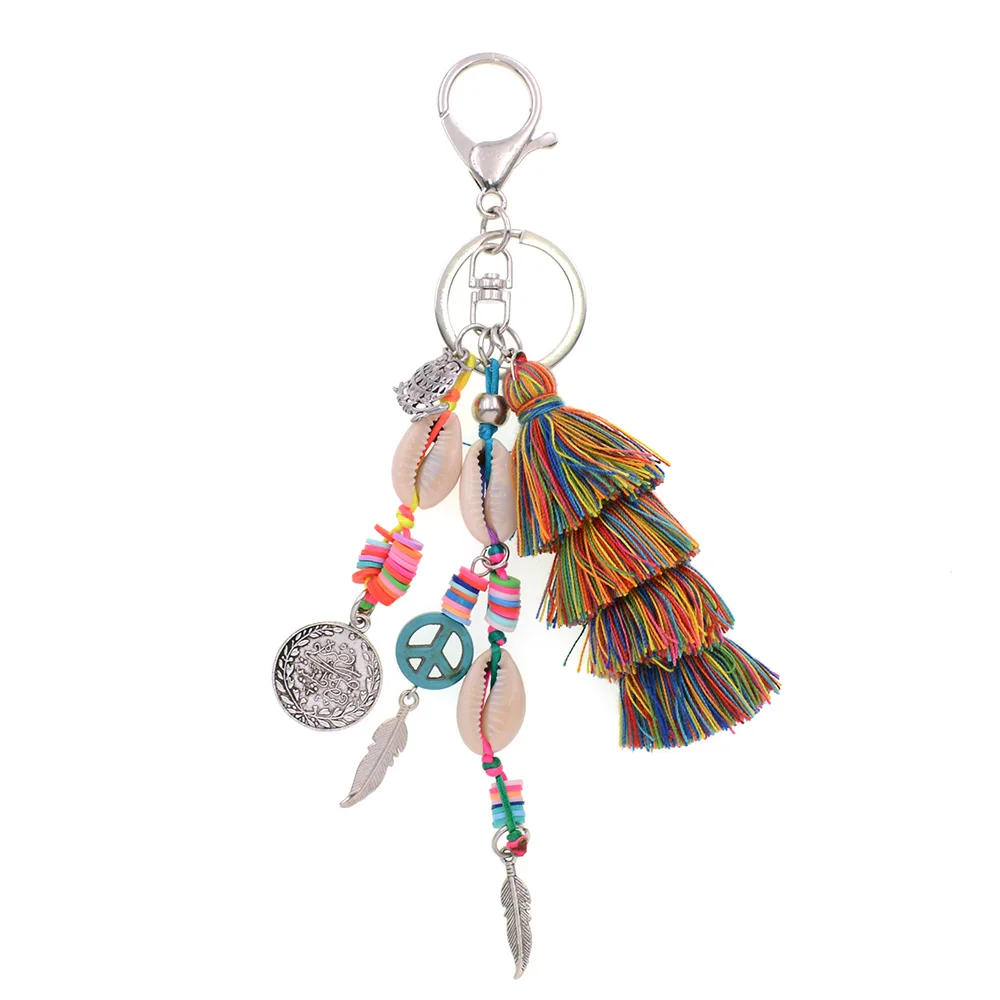 WELLMORE new handmade shell with long tassel alloy Key Chain For Women Girl Bag Keychain