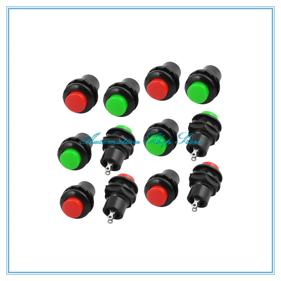 5PCS AC250V 3A 2 Terminals SPST 10mm On/Off Momentary Push Button Switch Red Green