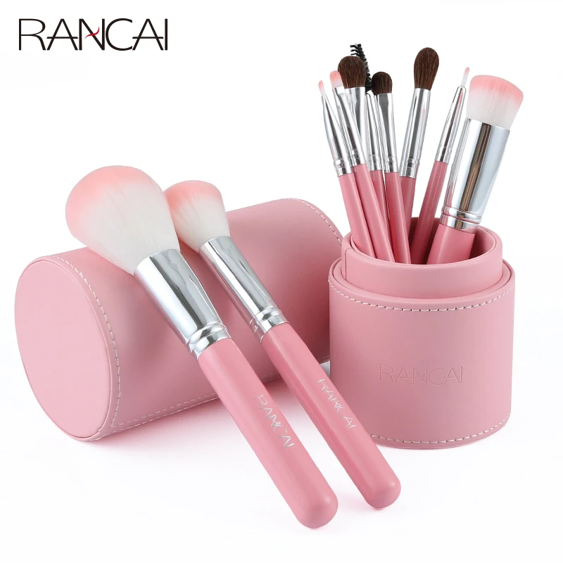 RANCAI 10pcs Makeup Brush Set Powder Foundation Blusher Lip Eyeliner Eyeshadow Eyebrow Blending Contour Brushes with Cylinder