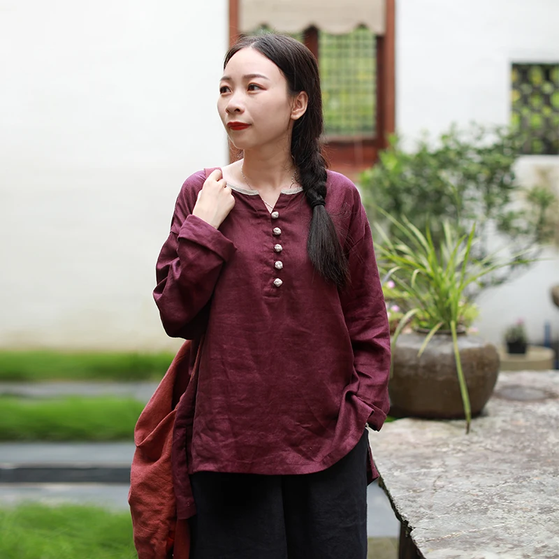 LZJN Vintage Vrouwen Blouses Lange Mouwen Tuniek Tops 2019 Herfst Shirts Trui O-hals Chinese Kleding Paars Linnen Hoge Lage Top