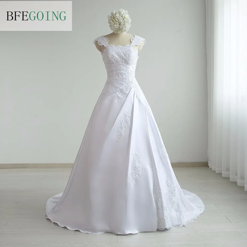 New Arrival Fashion Satin A-Line Wide Straps Appliques Floor-Length Chapel Train  Wedding Dress