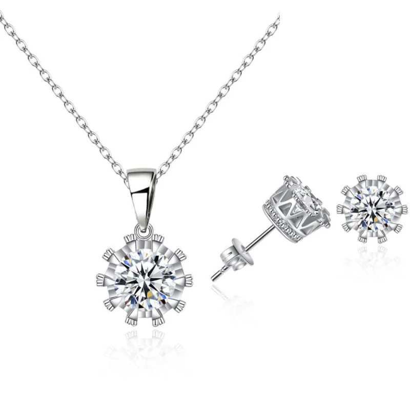 KOFSAC Fashion 925 Silver Jewelry Sets For Women Wedding Crown Pendant Stud Earrings Two Piece Set Hearts & Arrows CZ Necklaces