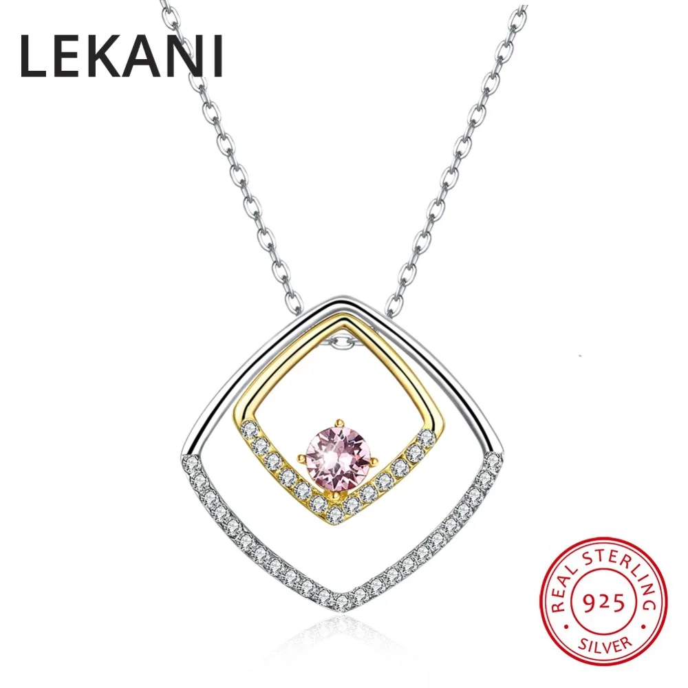 

LEKANI Crystals From Swarovski Double Square Pendant Necklaces Trendy Collars Real S925 Silver Fine Jewelry For Women Wedding