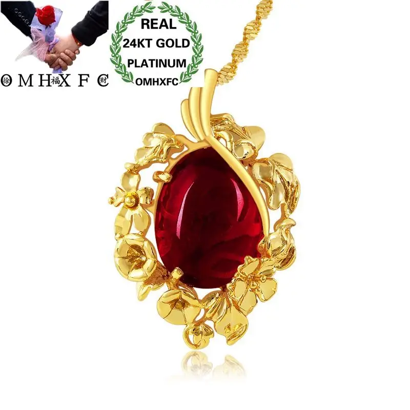 

OMHXFC Wholesale European Fashion Woman Bride Party Birthday Wedding Vintage Green Red Flower 24KT Gold Pendant Necklace EX114