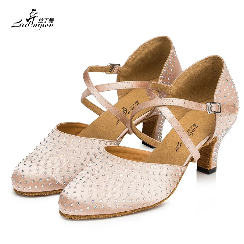 Ladingwu New Brand Satin and Rhinestone Closed Toe Ballroom Dance Shoes Beige/Black Shoes For Women Latin Salsa Dance Shoes