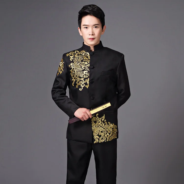 Chinese style Gold Embroidery Blazers Prom Host Stage Outfit Male Singer Teams Chorus Wedding Costume Black White Men\'s Suits