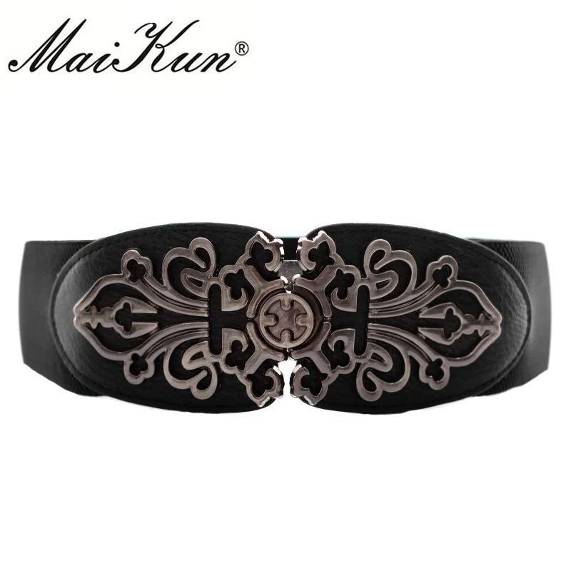 

Vintage Design Elastic Belts For Women Wide Stretch Waistband Floral Buckle Retro Faux Leather Female Wide Belts Cummerbunds