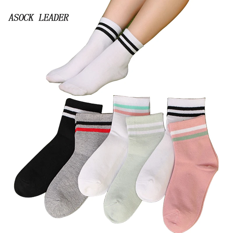 6 Pairs/Lot Woemn Socks Spring/Summer Cotton Female Socks Two Bar College Wind Sweat Socks Funny Short Sock Fashions