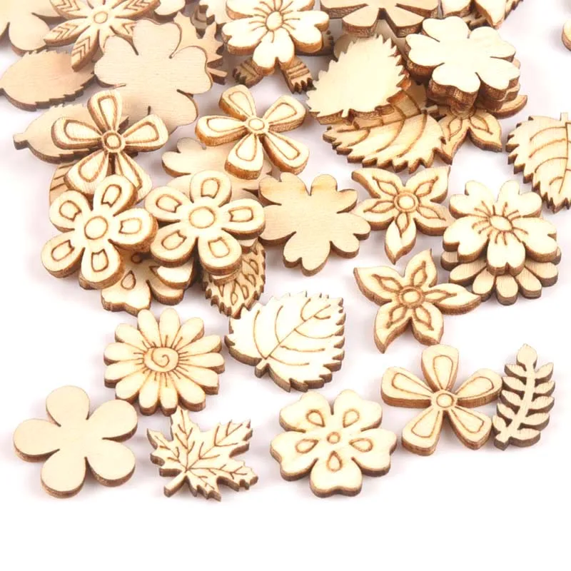 50Pcs Mix Plant/Flower/grass Shape Natural Wooden For Handmade DIY Crafts Wood Ornament Scrapbooking Home Decoration 20mm m1805