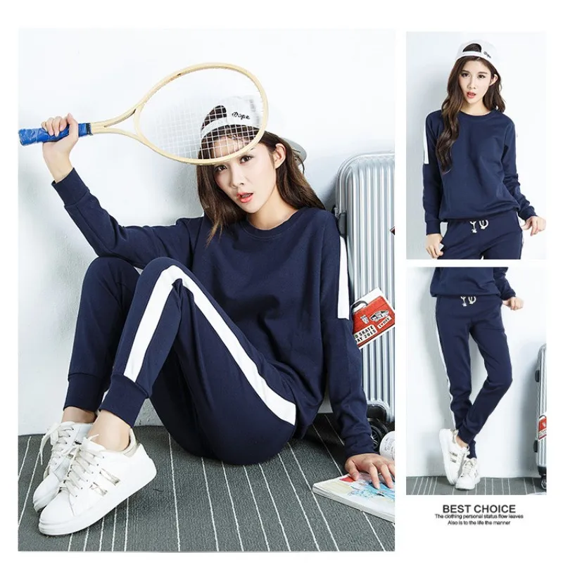 Women Cotton Costumes Sweatshirt +Long Pant Suit Striped Outfit Black Grey Navy Two Piece Set Tracksuit Female Sporting Suit 2XL