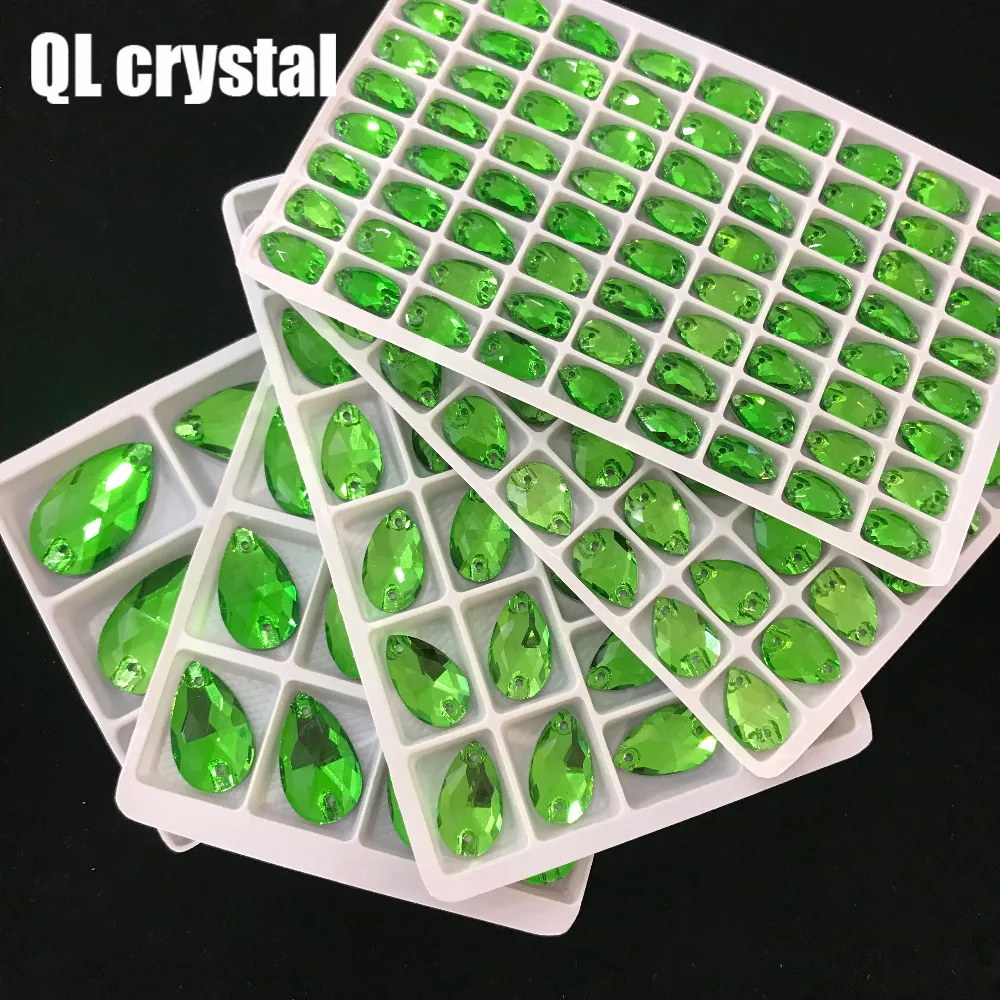 ALL Size QL Crystal 2018 popular Grass green Drops Sew On Crystal Stones Sewing On Rhinestone 2 Holes DIY Garment Dress Making