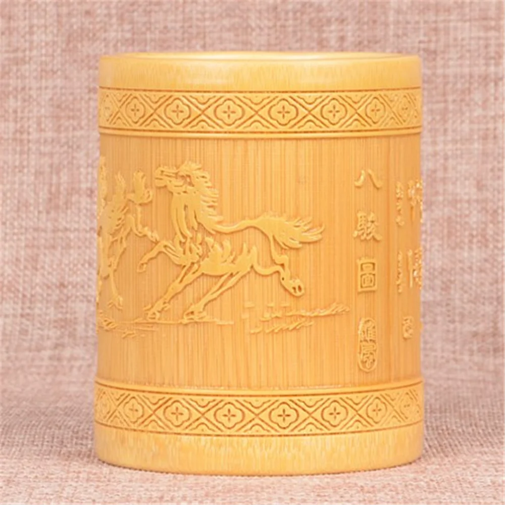 Creative Bamboo Carving Round Pen Holders Chinese Style Classical art Pencil Container Education Office Decoration Gift