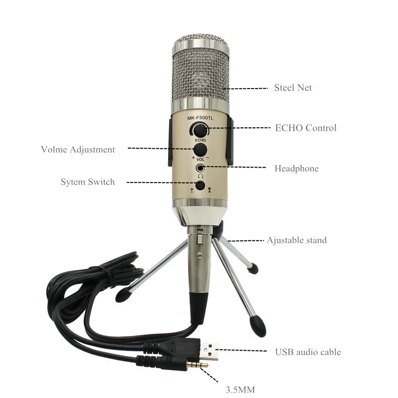MK-F500TL Studio Microphone USB Condenser Sound Recording with Arm stand For Mobile Phone Computer