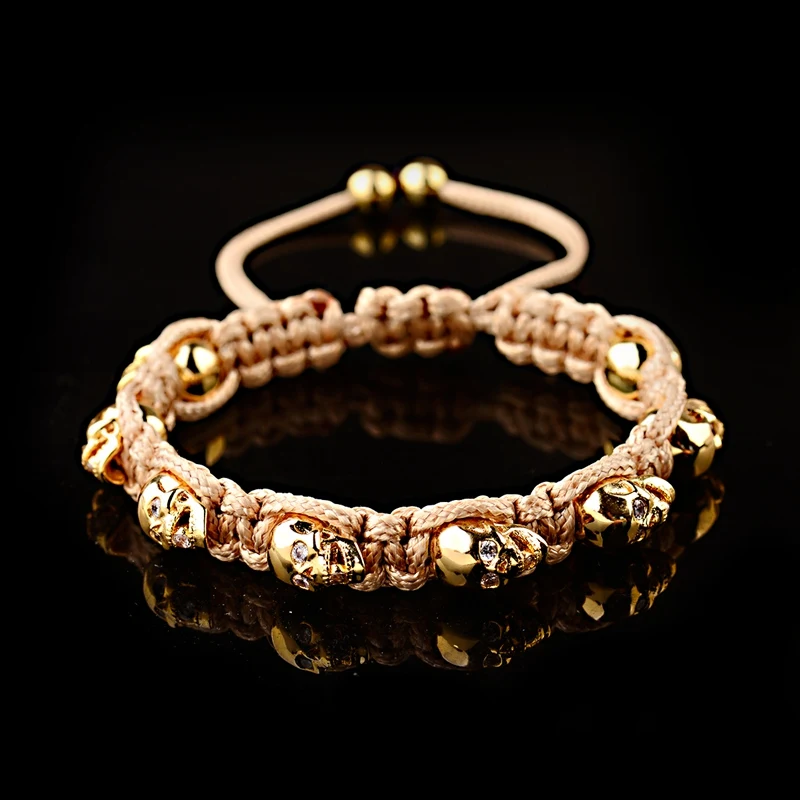 Luxury 8 Skull Skeleton Bead Bracelets Men Classic Unique Boho Gold Color Rope Chain Bangle Fashion Jewelry