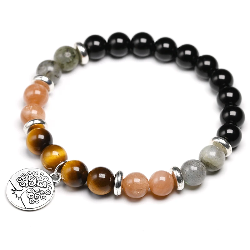 Natural Bright Black Onyx With Labradorite Beads Orange Sun stone Tiger eye Stone Bracelet Banagle Women Men Handmade Jewelry