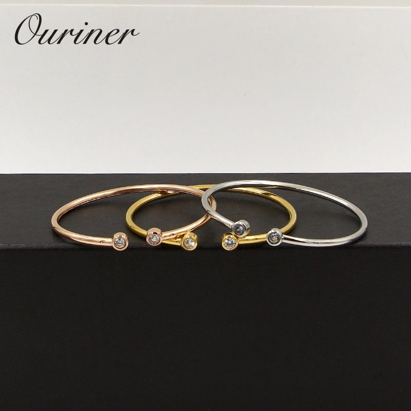 New Brand Bangle Top Quality Color Gold Stainless Steel Jewelry Inlay CZ Crystal Letter Noble Women Cuff Bangles Bracelets 101-1