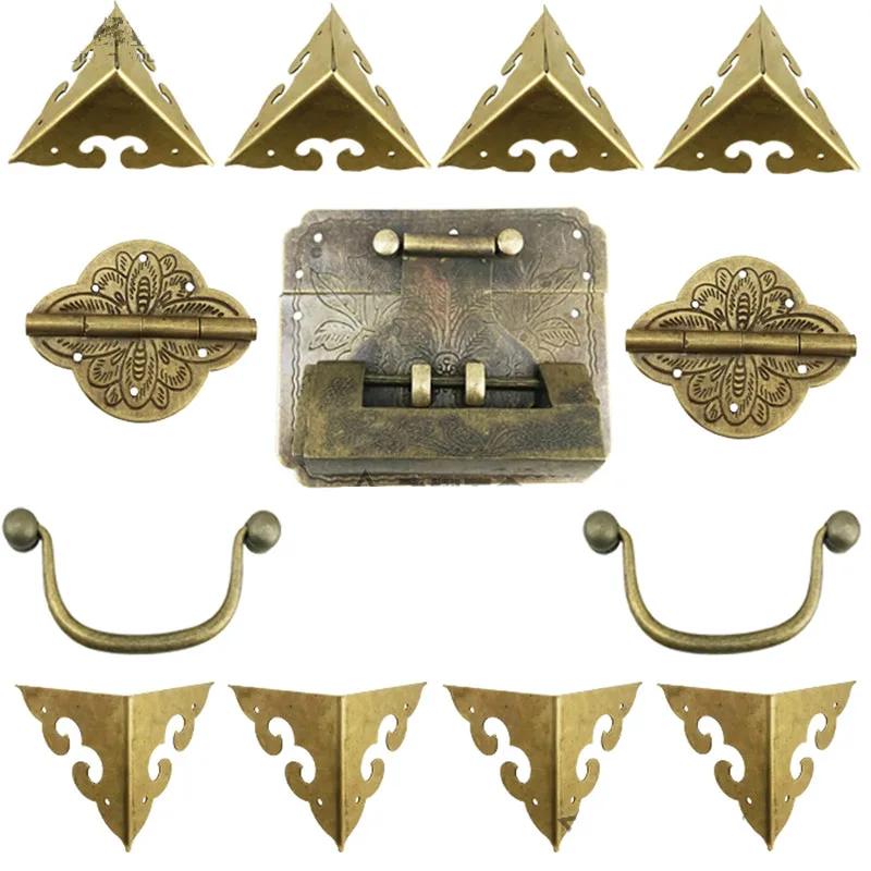 

Chinese Vintage Brass Lock Set For For Wooden Box,Vase Buckle Hasp Latch Lock+ Hinge+Corner+Handle,Bronze Tone