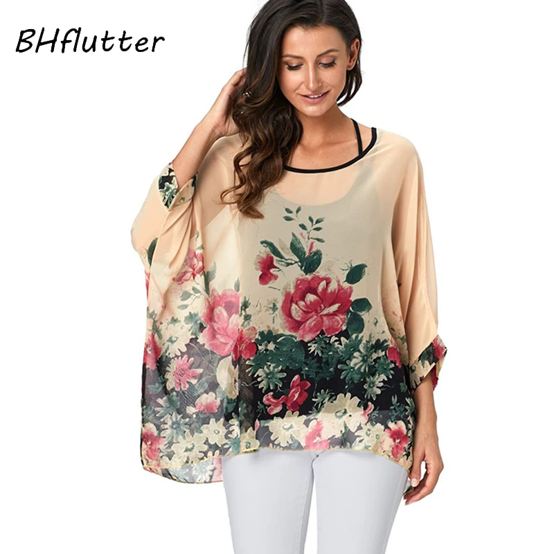 BHflutter 4XL 5XL 6XL Plus Size Blouse Shirt Women New Striped Print Summer Tops Tees Batwing Sleeve Casual Chiffon Blouses 2020