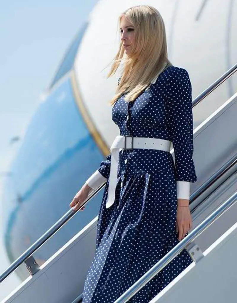 new Ivanka Trump Polka Dot long dress elegant Turn-down Collar long sleeve pleated dresses