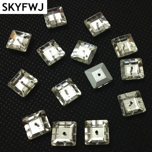 Crystal Clear Color Square Shape Glass Crystal Sew on Rhinestone Pointback 1 Middle Hole for Garments DIY 6mm 8mm 10mm 12mm