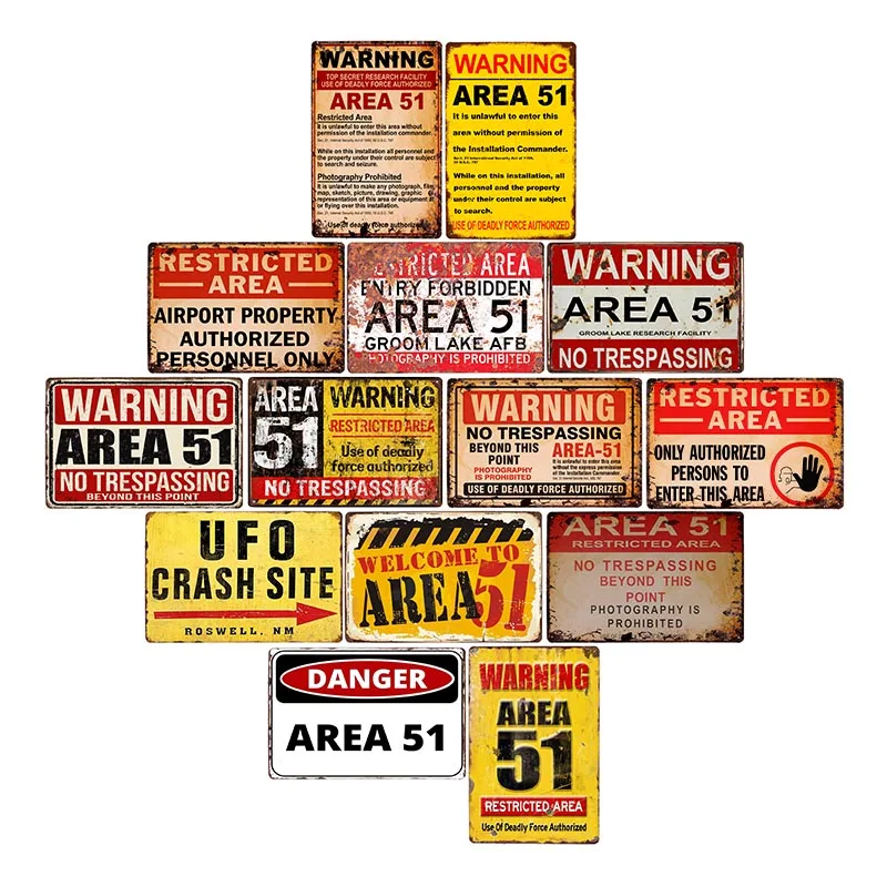 Obszar ostrzegawczy 51 metalowy znak blaszany UFO Vintage tablice ścienne plakat artystyczny dekoracja malarstwo Home Decor 20x30cm