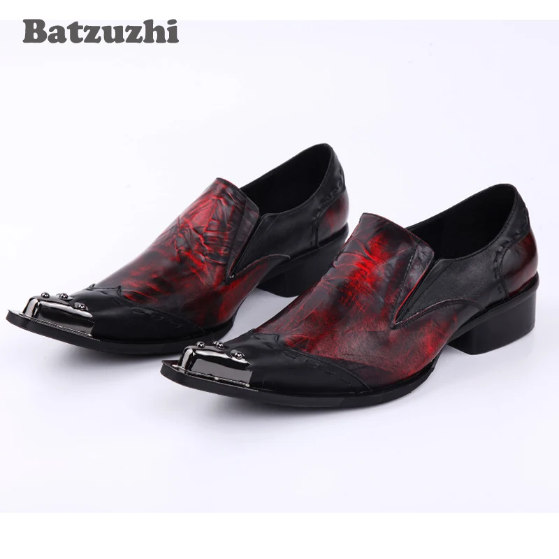 

2018 Handmade Men Dress Shoes Pointed Toe Sliver Metal Toe Leather Red Evening Party Sexy Wedding Shoes Men Hairdress